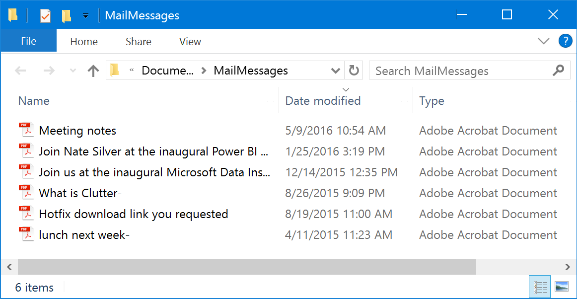 email messages saved as files in PDF format