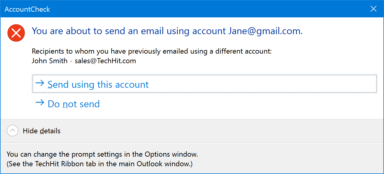 Warning when emailing a recipient from a different account than previously