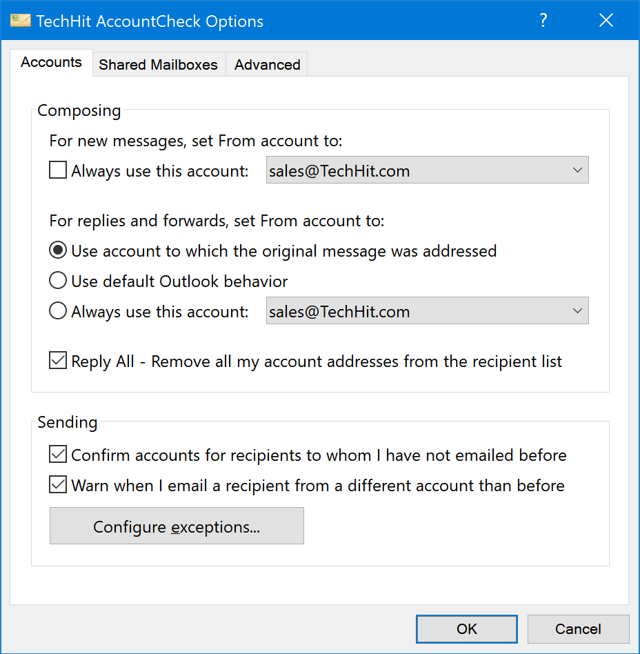 Options dialog - Sending tab
