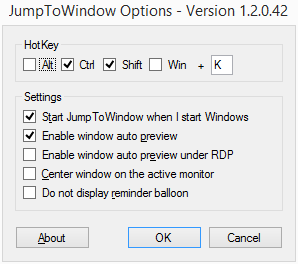 JumpToWindow Options window