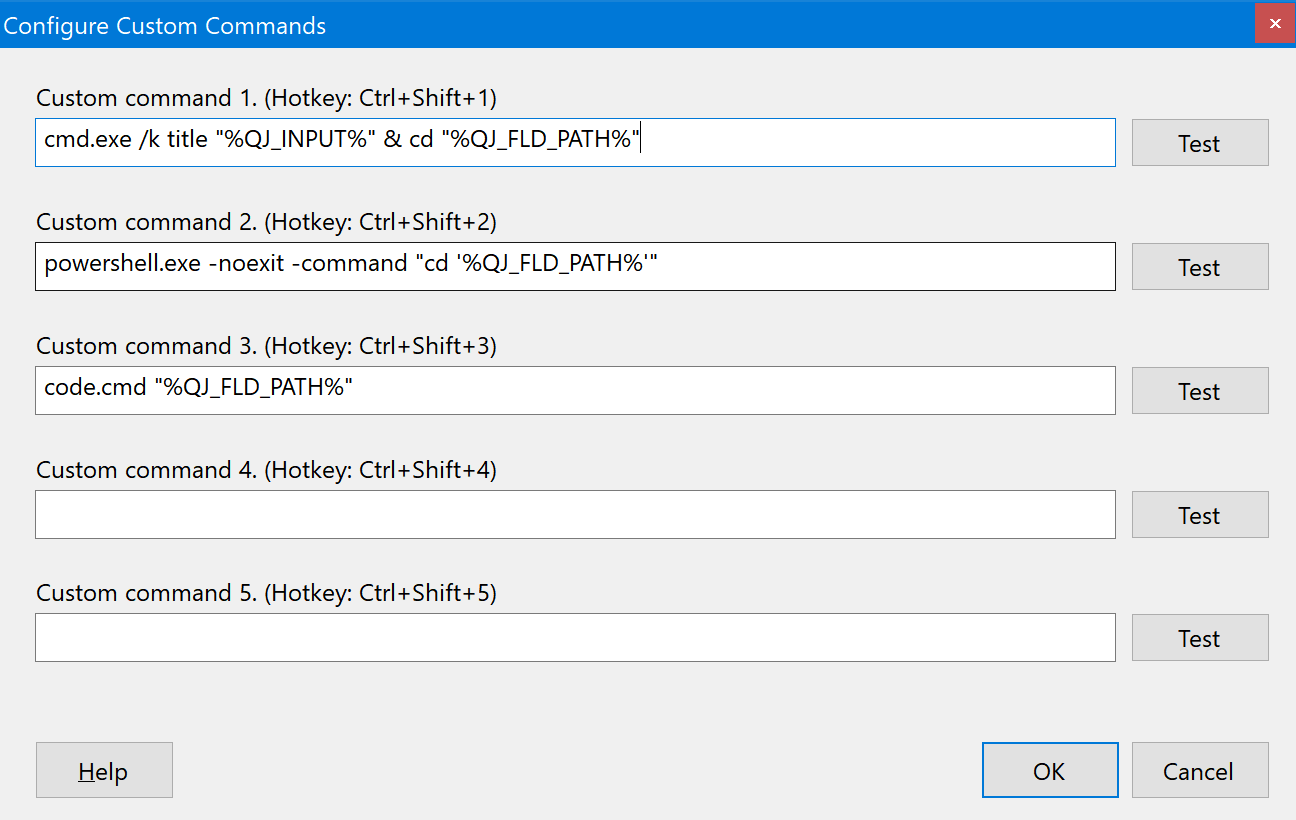 QuickJump custom commands window