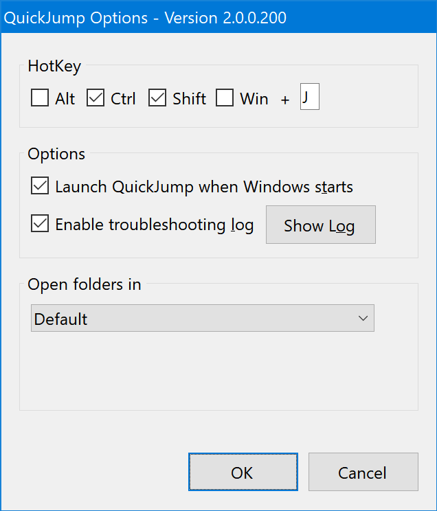 QuickJump Options window
