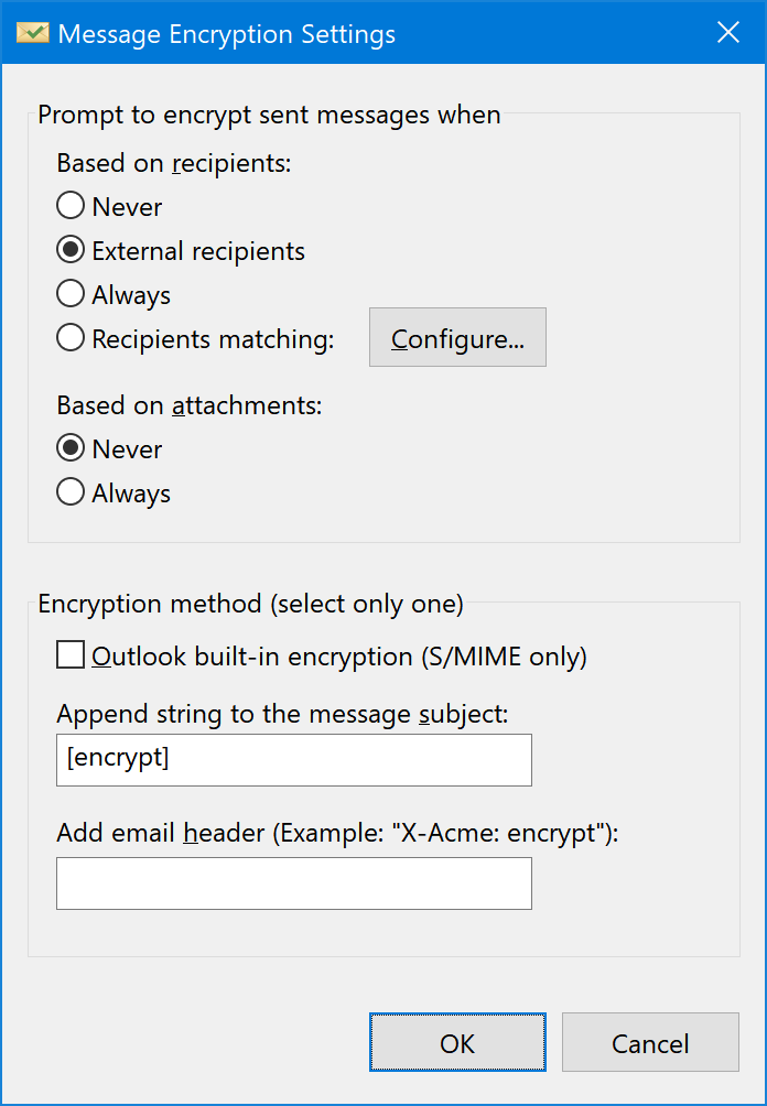 Message Encryption Settings Window