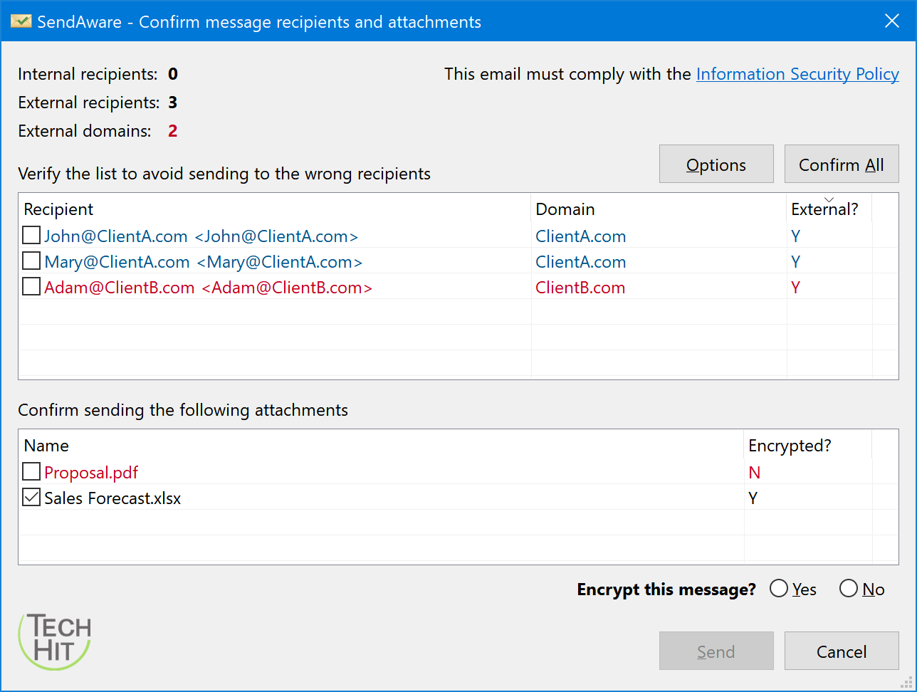 Outlook prompt to confirm external/outside recipients and attachments window