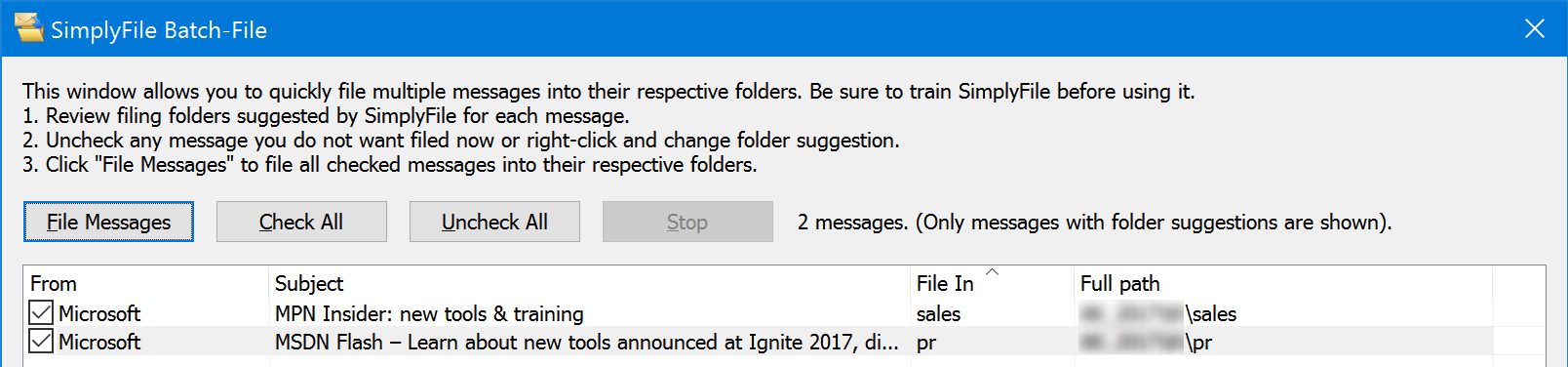 SimplyFile Batch File window.