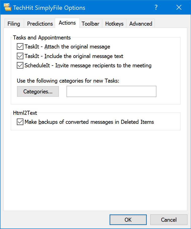 Actions tab of the SimplyFile Options window