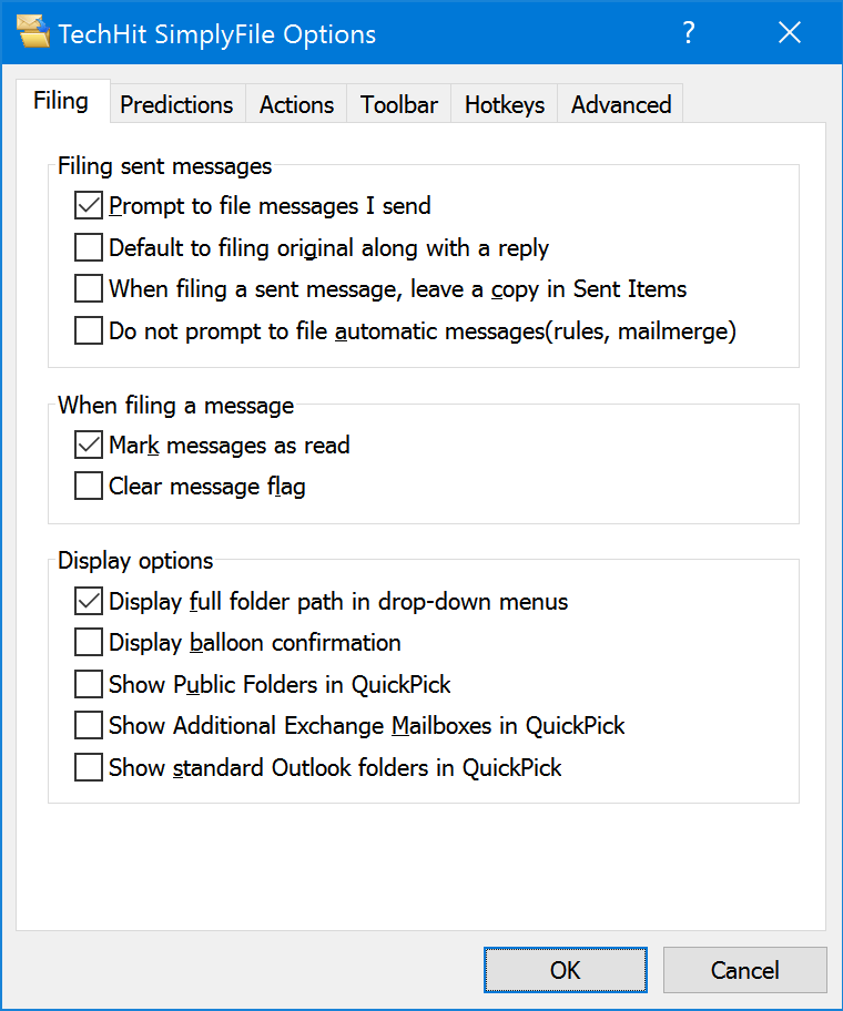 Filing tab of the SimplyFile Options window