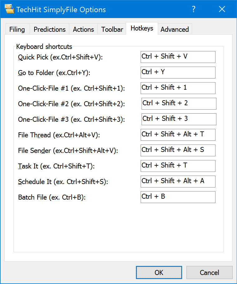 Hotkeys tab of the SimplyFile Options window