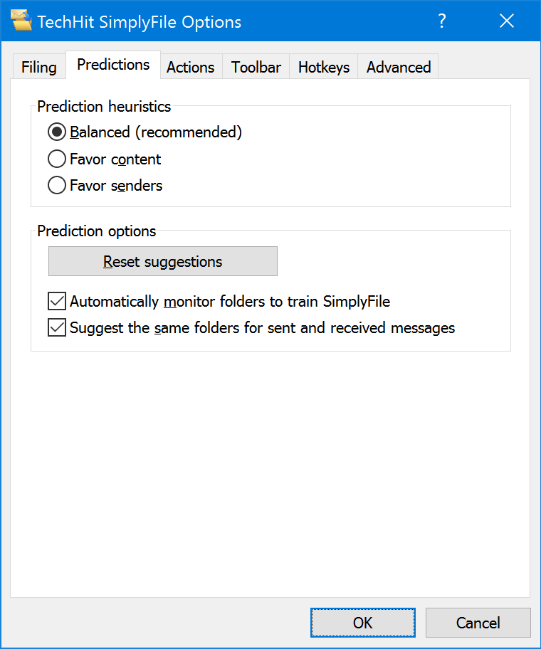 Predictions tab of the SimplyFile Options window