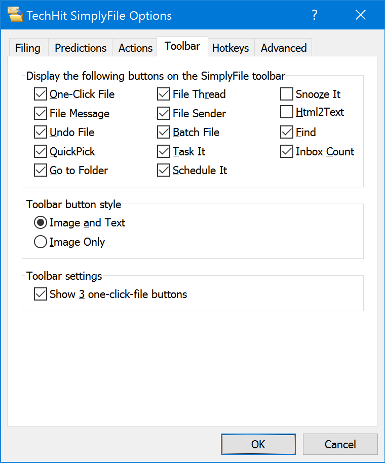 Toolbar tab of the SimplyFile Options window