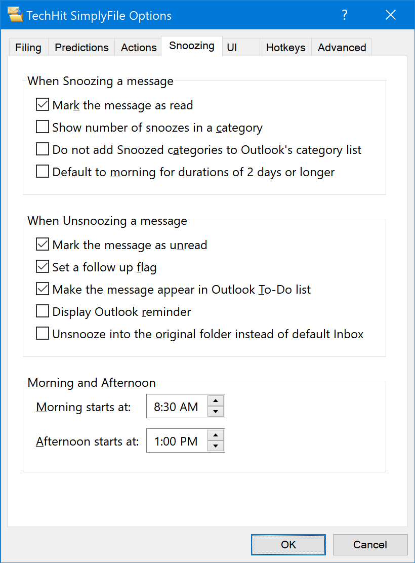 Actions tab of the SimplyFile Options window
