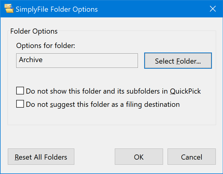 SimplyFile folder options window