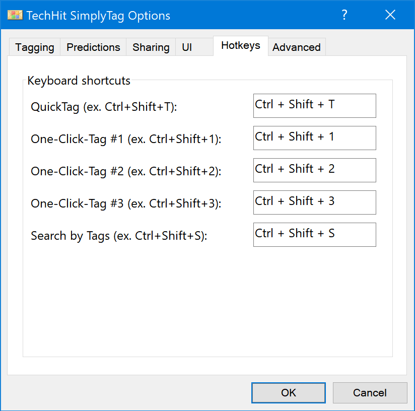 Toolbar tab of the SimplyTag Options window