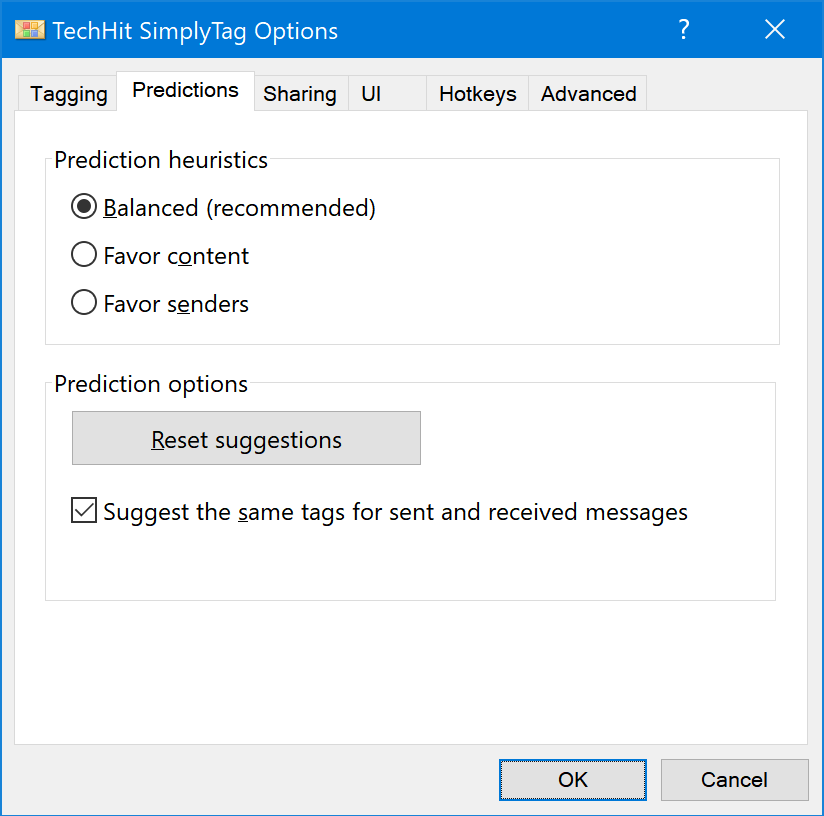 Predictions tab of the SimplyTag Options window