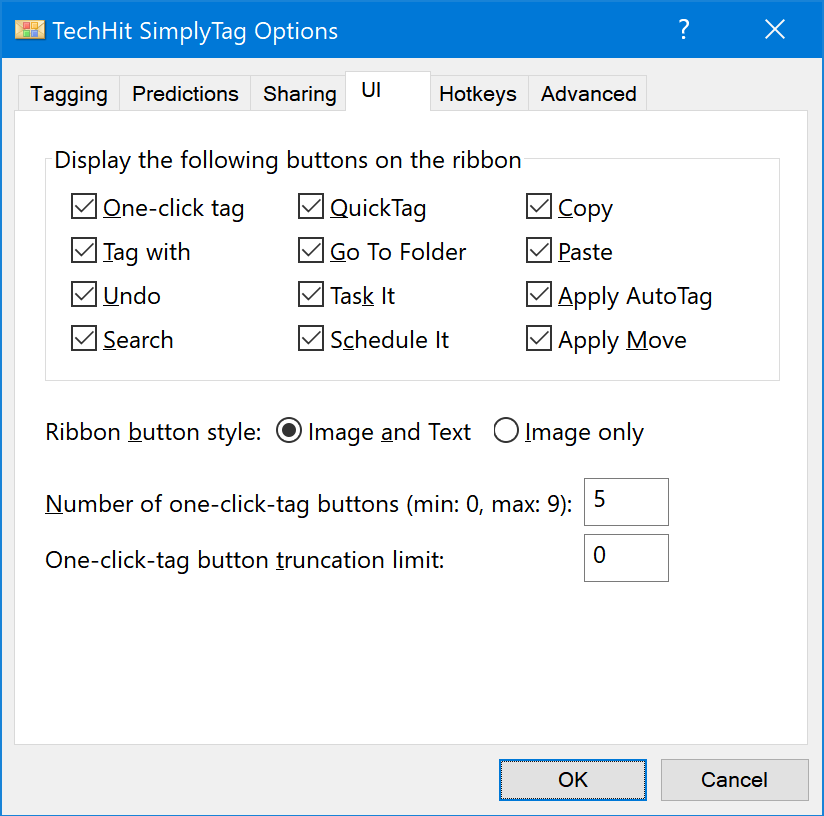 Toolbar tab of the SimplyTag Options window