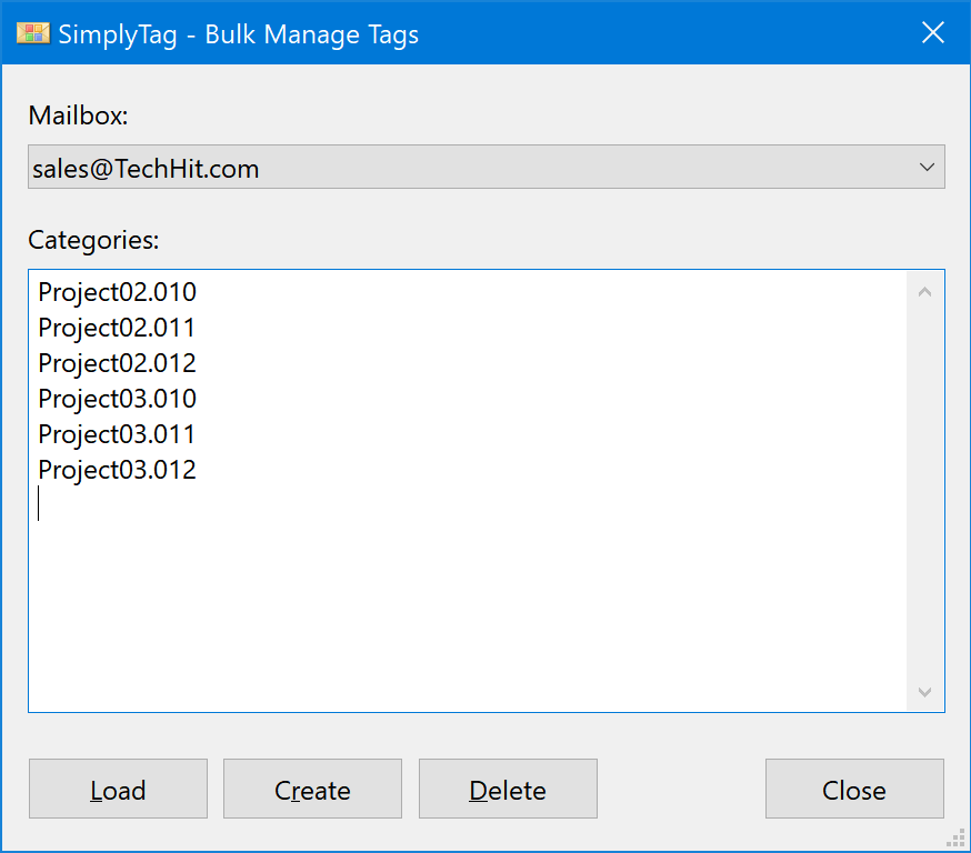 Manage Categories and Actions window