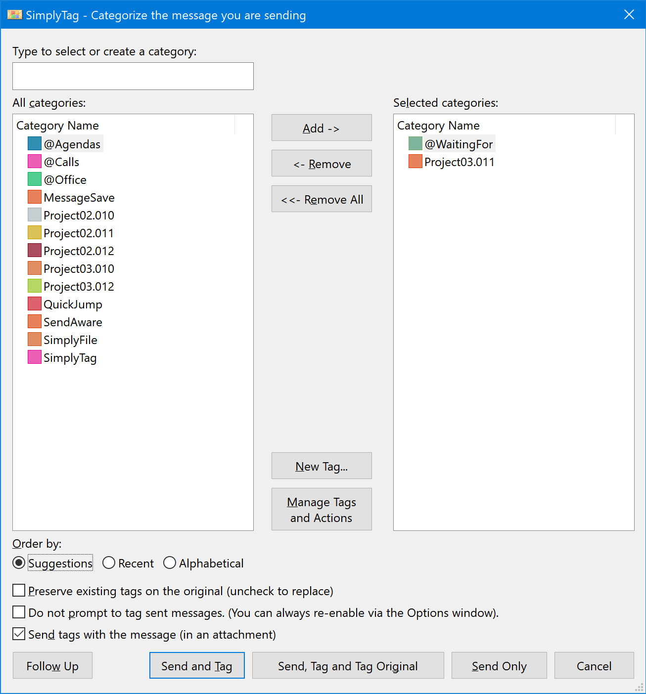 SimplyTag tag sent message window