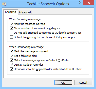 Snooze tab of the SnoozeIt Options window