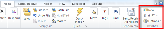 TwInbox on the Outlook 2010 Ribbon Screenshot