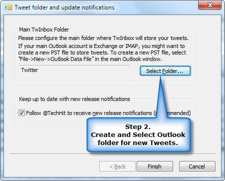Create and configure Outlook folder for storing tweets