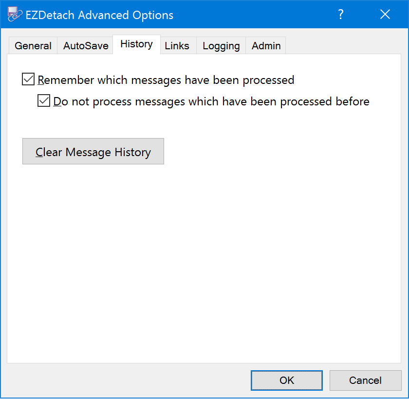 History tab Advanced Options window