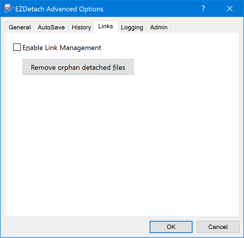 Links tab Advanced Options window