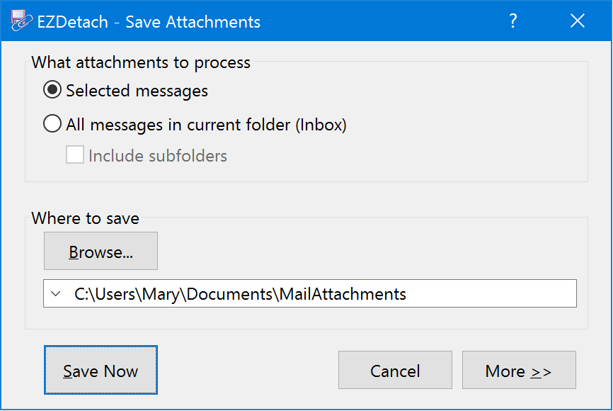 Streamlined EZDetach Save Attachments window