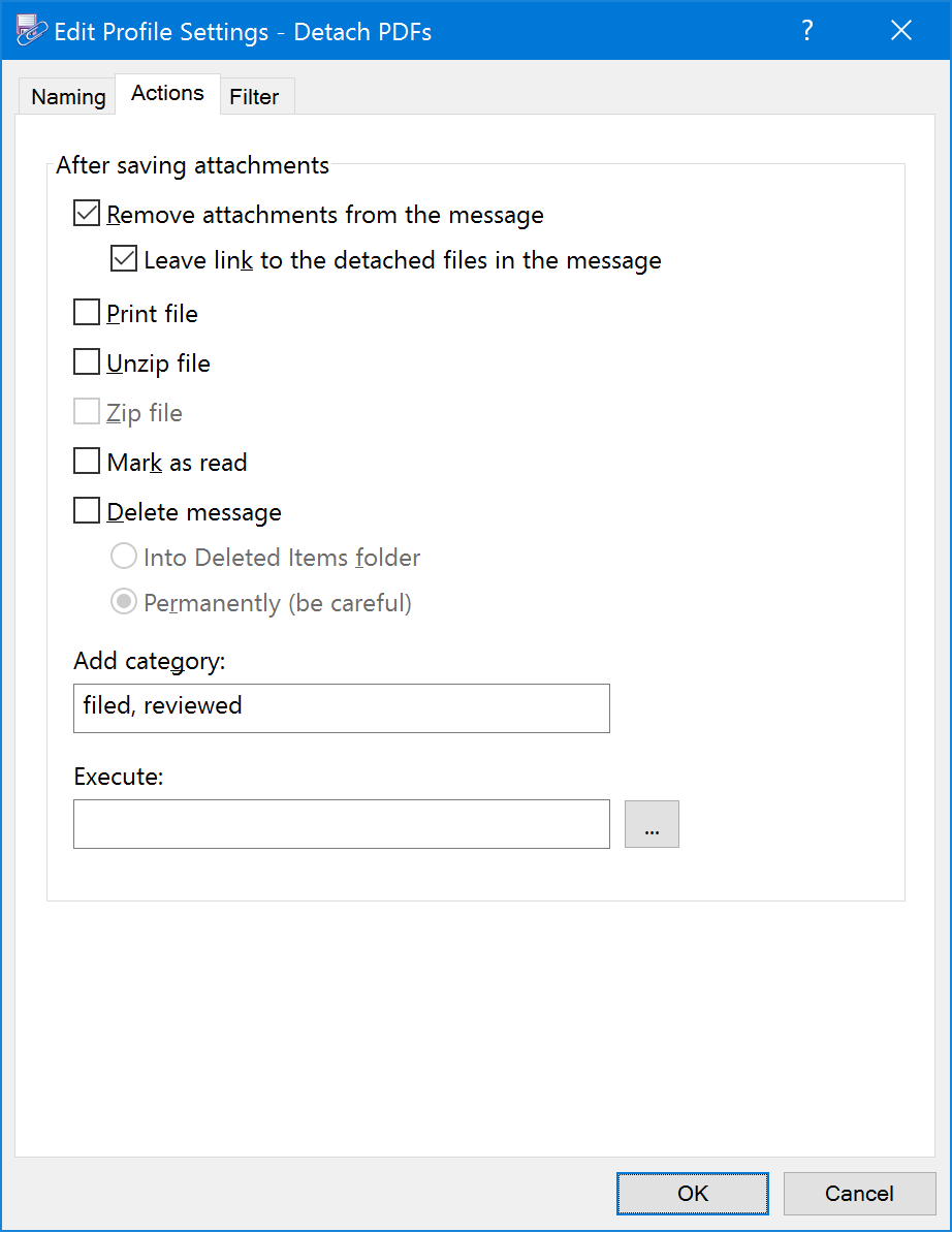 Actions tab of Edit Profile window