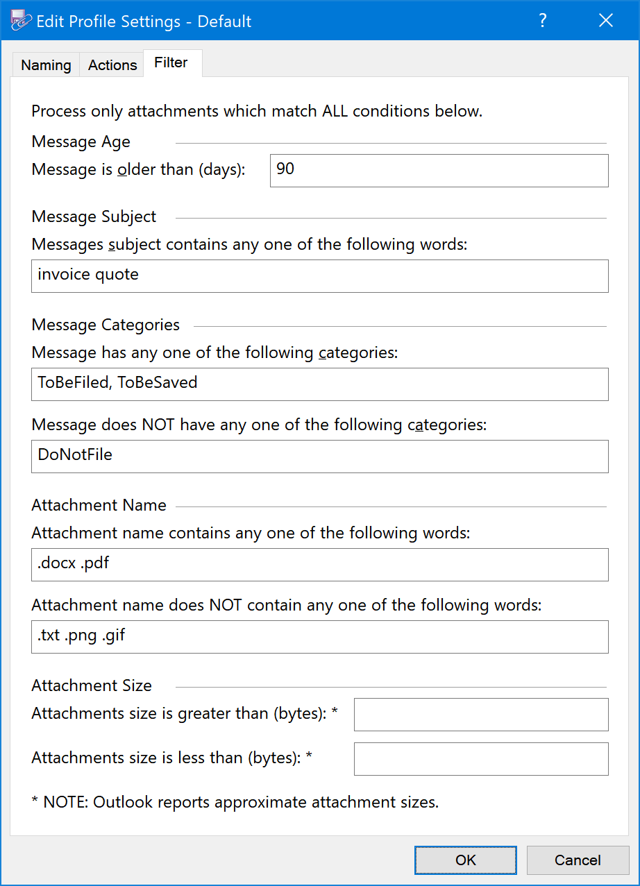 Filter tab of Edit Profile window