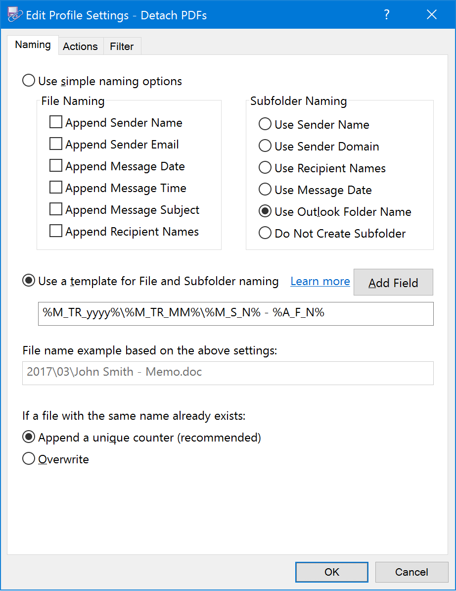Naming tab of Edit Profile window
