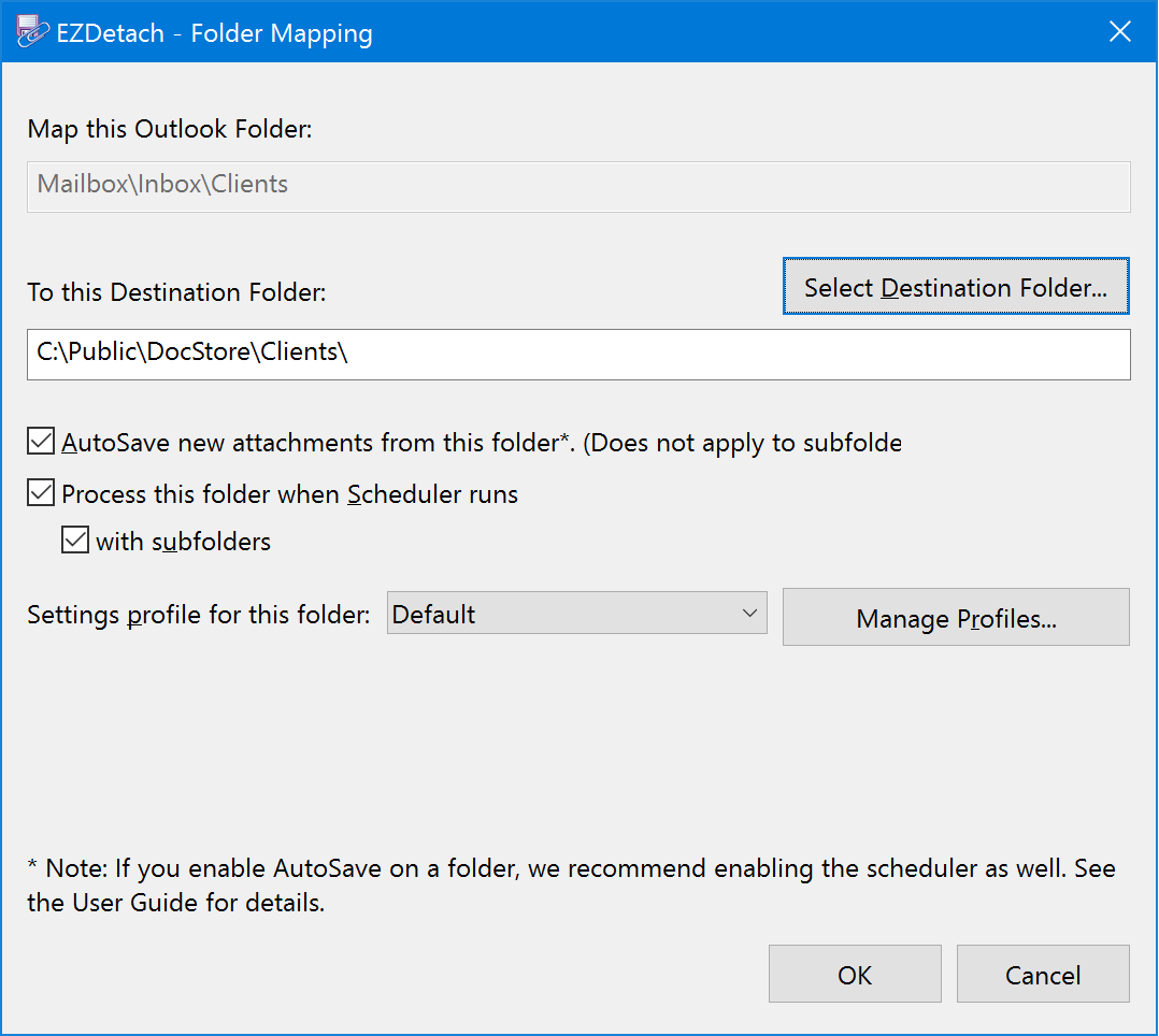 Folder Mapping window for automated attachment saving