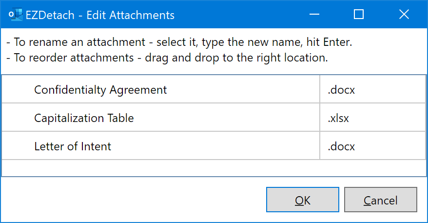 Rename and reorder attachments window