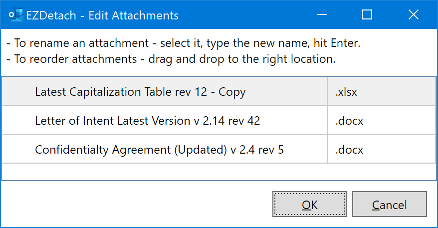 Rename and reorder attachments window