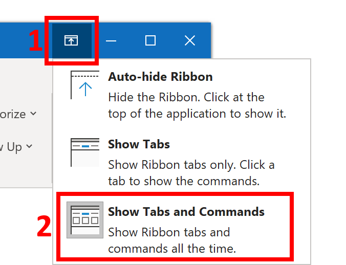 Buttons to show all Outlook Ribbon tabs and commands