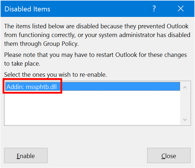 Select the Add-in to re-enable