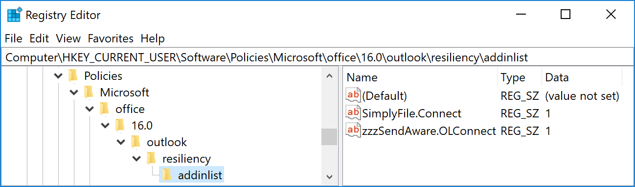 Registry entry to prevent Outlook from disabling an add-in