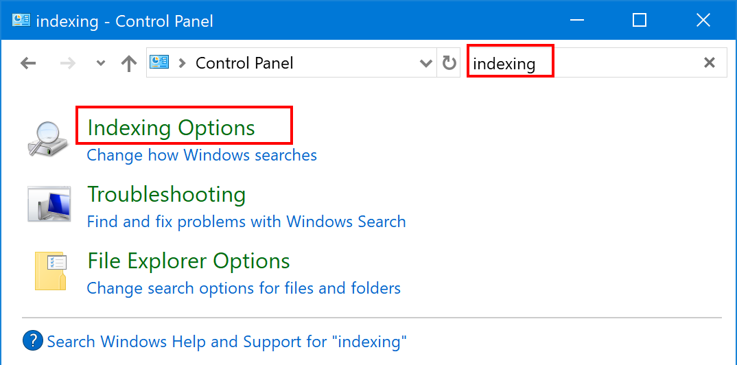 Type indexing in the Control Panel