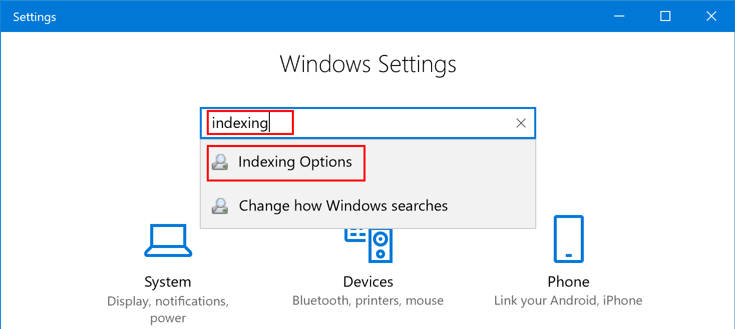 Type indexing in Windows Settings