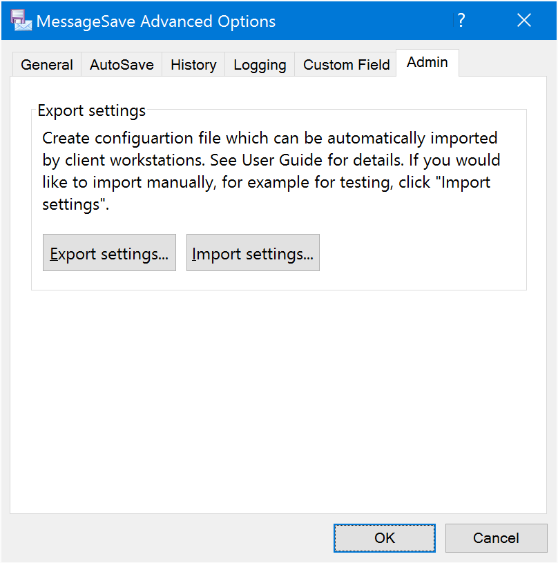 Admin tab Advanced Options window