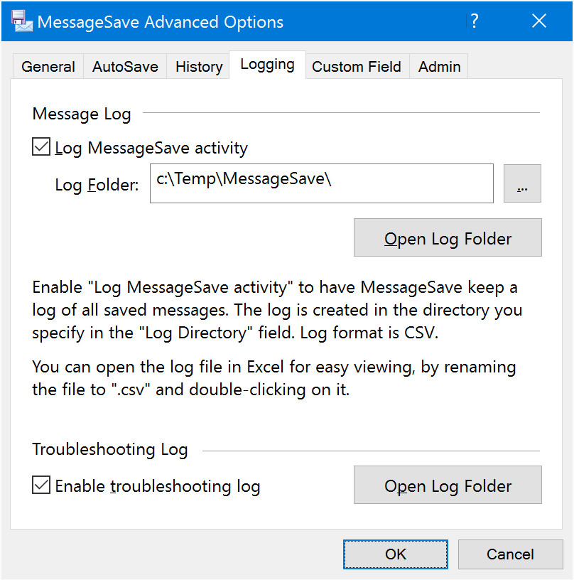 Logging tab Advanced Options window