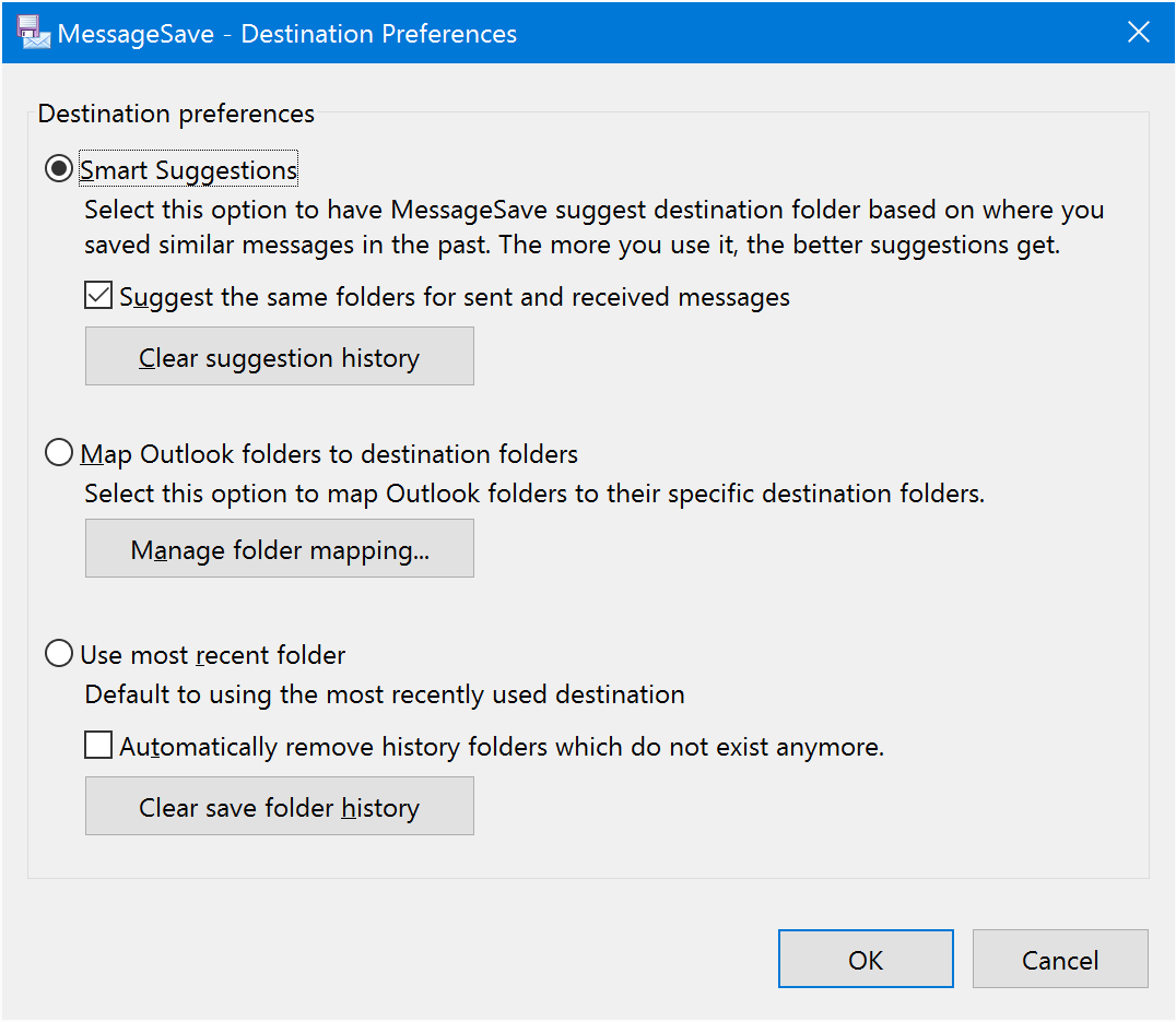 Destination Preferences window
