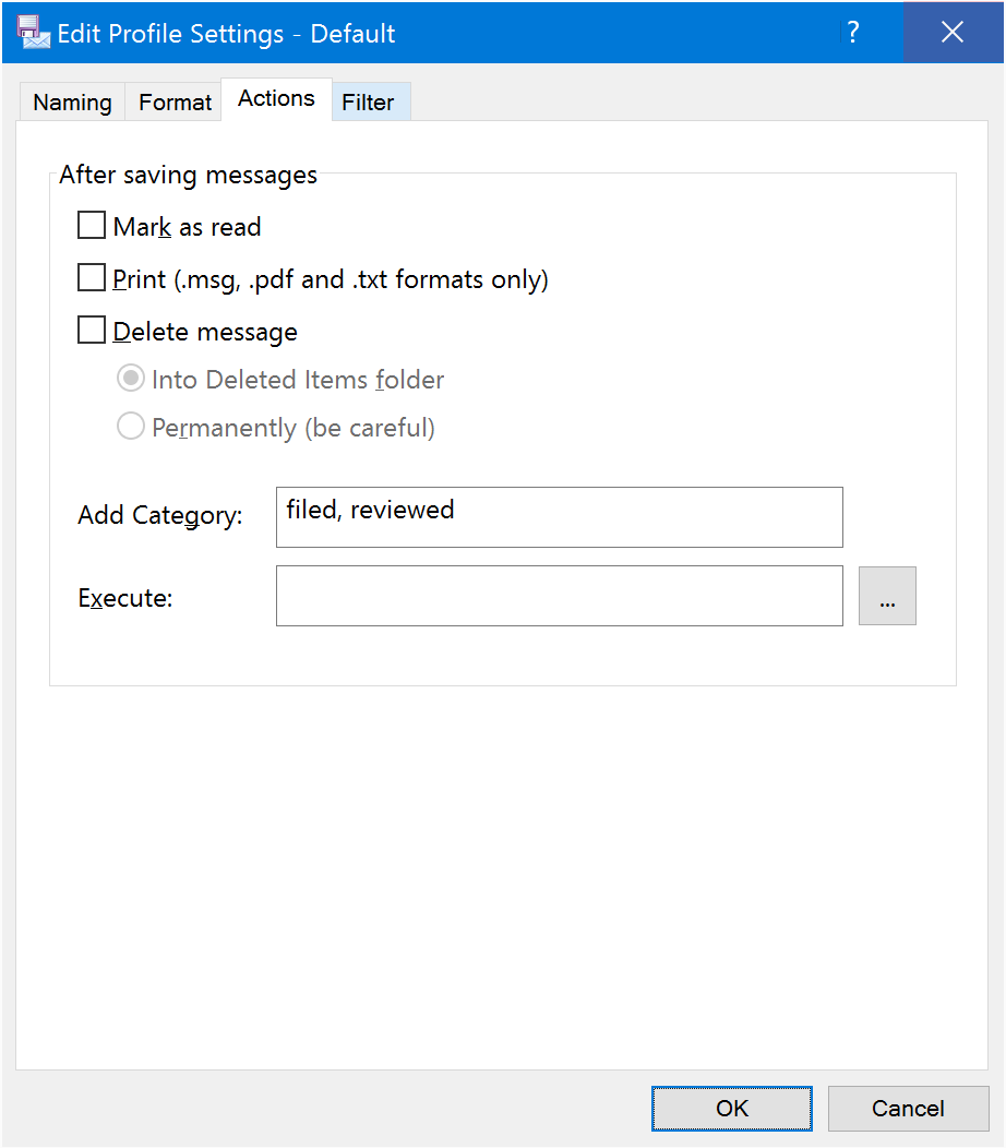 Actions tab of Edit Profile window