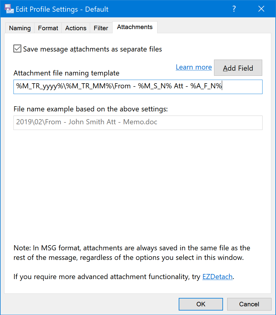 Attachments tab of Edit Profile window