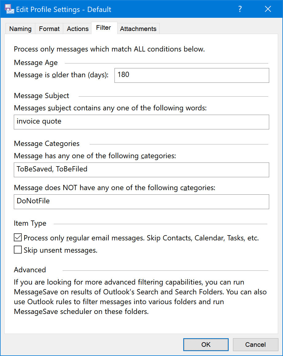 Filter tab of Edit Profile window