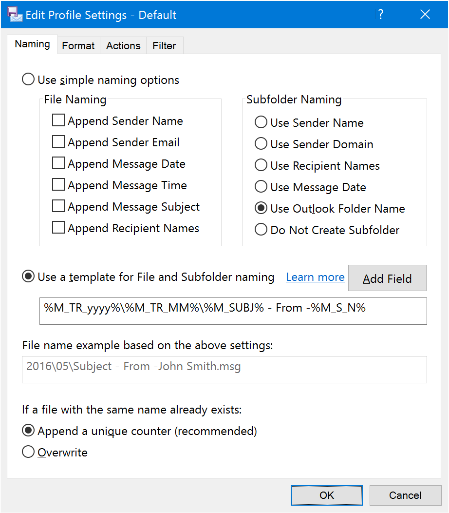 Naming tab of Edit Profile window