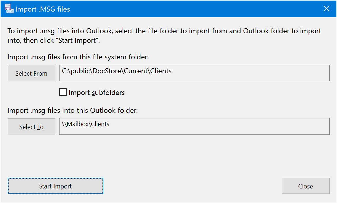 Import MSG files into Outlook window