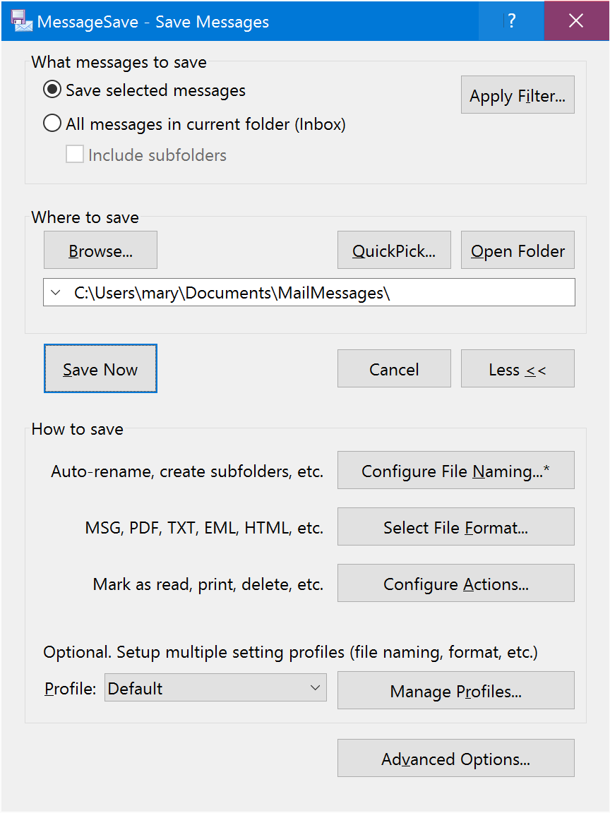 Expanded version of MessageSave window